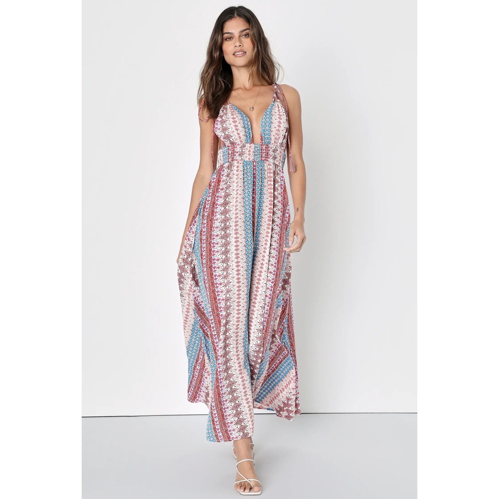 Lulus Boho Geometric Print Maxi Dress Blue Coral Tassel Tie Straps Size L